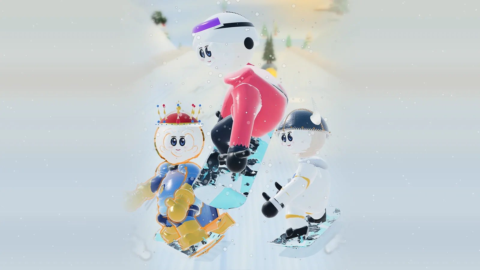 Rifty and two friends snowboarding down the mountain.