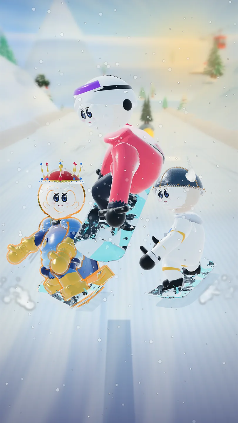 Rifty in the snow with the hare beside him and the Play button.