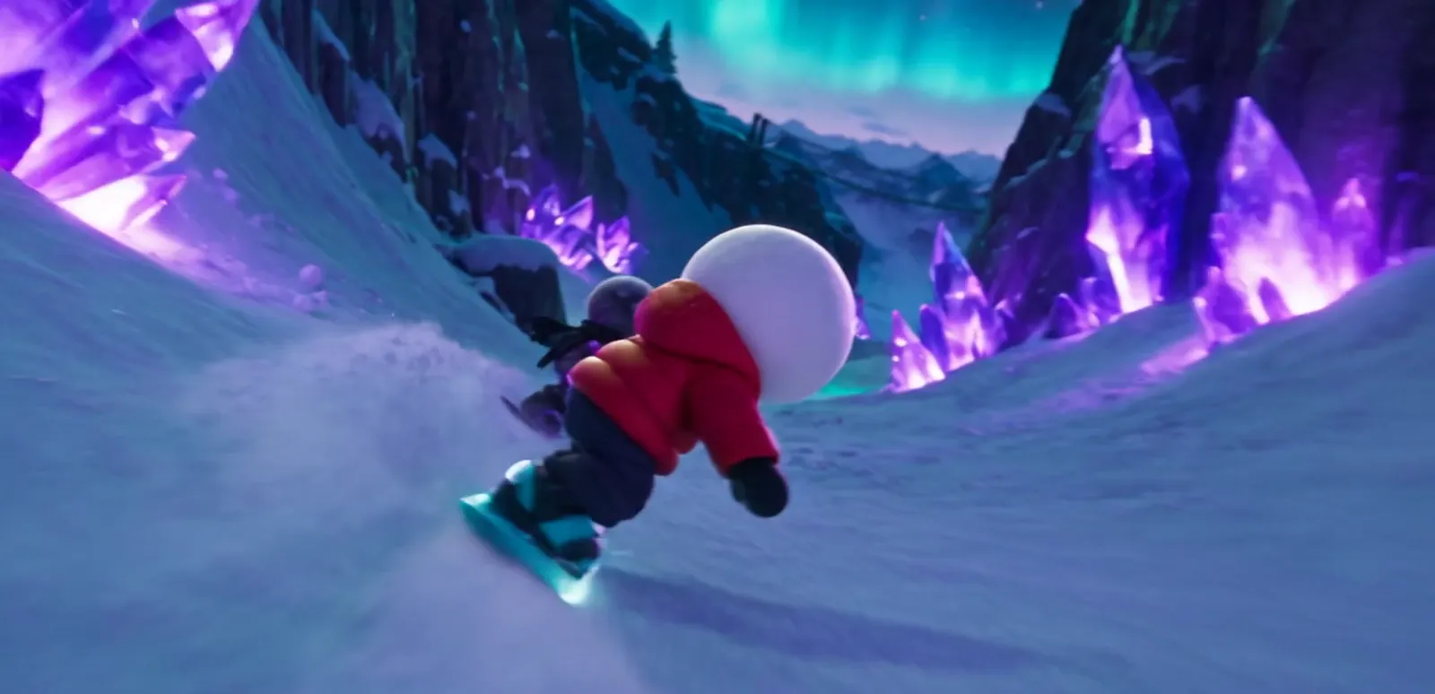 Rift rides between violet crystals under the aurora.