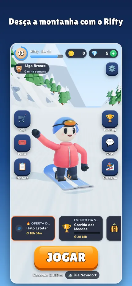Boardrift home screen: Rifty in the snow with the hare beside him and the Play button.
