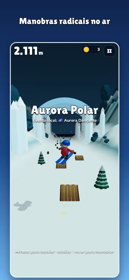 A run in the Polar Aurora biome: Rifty jumps between wooden ramps with ice pillars in the background.