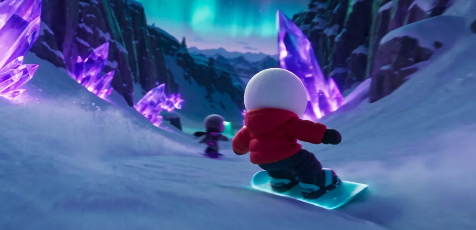 Rift rides down the mountain under the aurora, with Nivor close behind.
