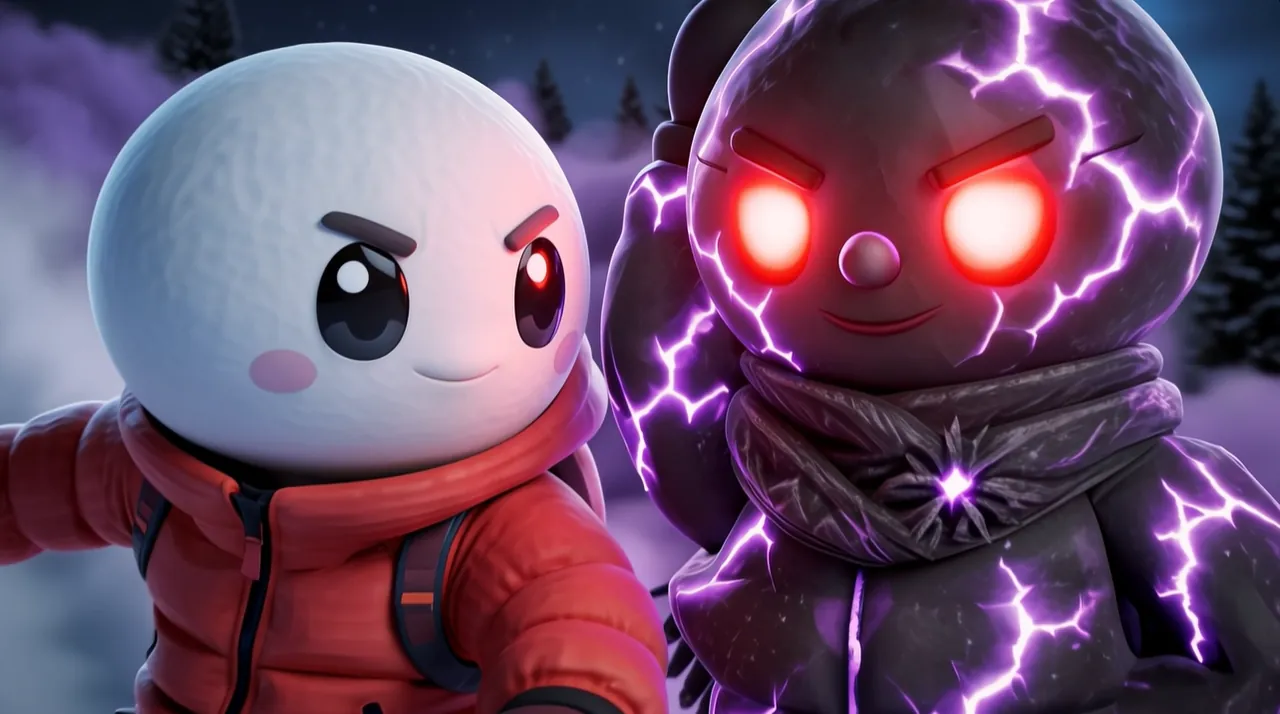Rift and Nivor face to face: the original in a red jacket and the dark copy with red eyes and violet cracks.